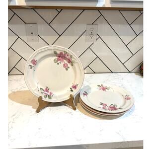 vintage Gibson Roseland stoneware dinner plates scalloped edge pink flowers x4